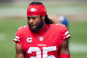 San Francisco 49ers cornerback Richard Sherman (25) looks on during the NFL game between the San Francisco 49ers and the Arizona Cardinals on September 13, 2020, at Levi's Stadium in Santa Clara, California.