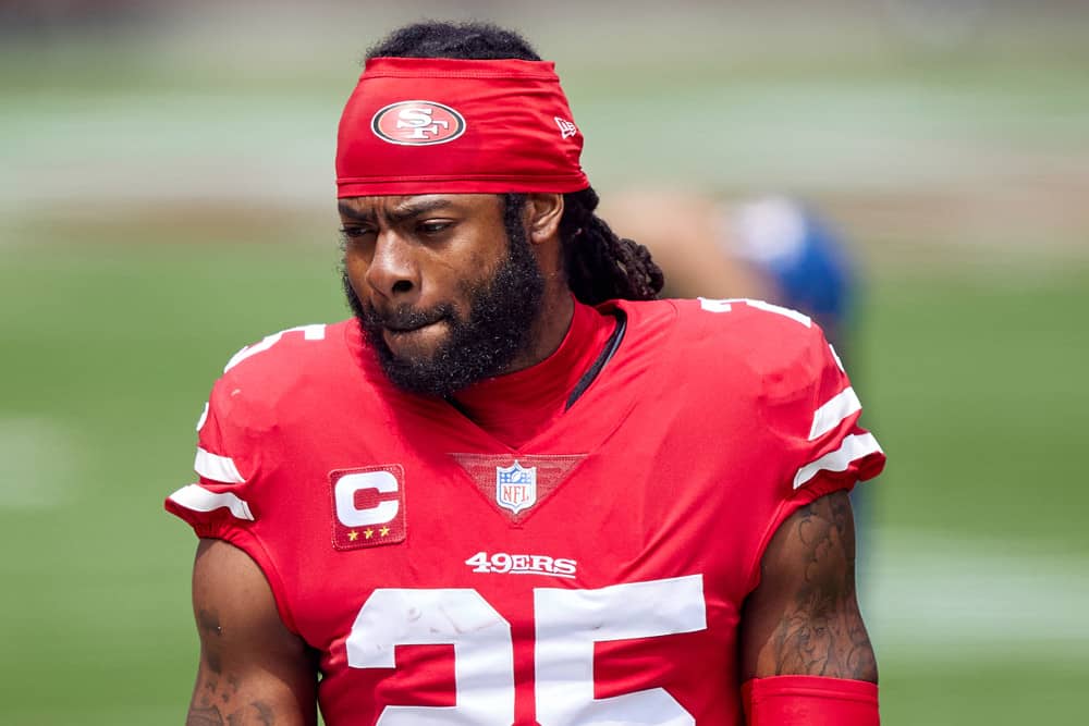 San Francisco 49ers cornerback Richard Sherman (25) looks on during the NFL game between the San Francisco 49ers and the Arizona Cardinals on September 13, 2020, at Levi's Stadium in Santa Clara, California.