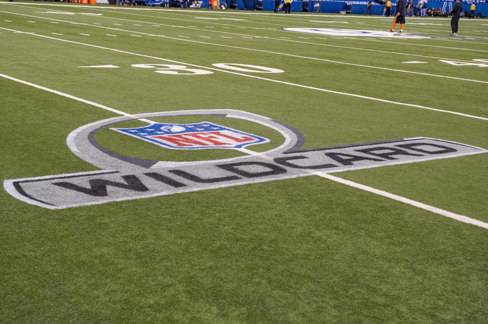 Lucas Oil Stadium with the Wild Card logo painted on the field before a NFL AFC Wild Card football game between the Indianapolis Colts and Cincinnati Bengals at Lucas Oil Stadium in Indianapolis, IN.