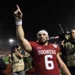 QB Baker Mayfield (6) of the Oklahoma Sooners acknowledges the crowd after the Sooners loss in the College Football Playoff Semifinal at the Rose Bowl Game between the Georgia Bulldogs and Oklahoma Sooners on January 1, 2018, at the Rose Bowl in Pasadena, CA.