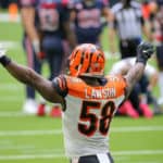 Cincinnati Bengals defensive end Carl Lawson (58) celebrates after recovering a fumble in the fourth quarter of the NFL game between the Cincinnati Bengals and Houston Texans on December 27, 2020 at NRG Stadium in Houston, Texas.