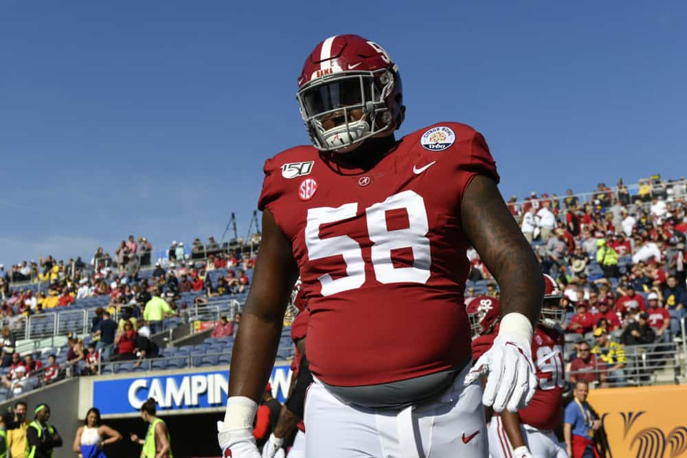 Alabama Crimson Tide defensive lineman Christian Barmore (58) prior to the first half of the Citrus Bowl between the Michigan Wolverines and the Alabama Crimson Tide on January 01, 2020, at Camping World Stadium in Orlando, FL.