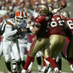Courtney Brown of the Cleveland Browns rushes Jeff Garcia of the 49ers during the Browns 13-12 victory over the San Francisco 49ers at 3COMM Park in San Francisco, CA.