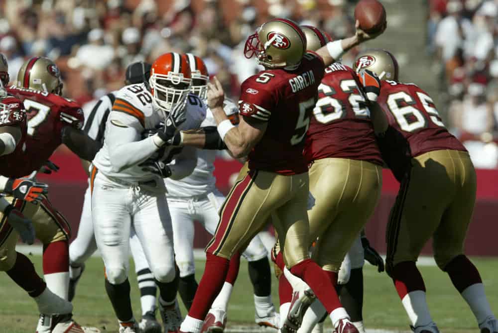 Courtney Brown of the Cleveland Browns rushes Jeff Garcia of the 49ers during the Browns 13-12 victory over the San Francisco 49ers at 3COMM Park in San Francisco, CA.