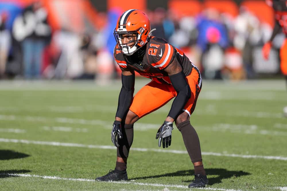 Cleveland Browns cornerback Denzel Ward (21) at the line of scrimmage during the second quarter of the National Football League game between the Miami Dolphins and Cleveland Browns on November 24, 2019, at FirstEnergy Stadium in Cleveland, OH. 