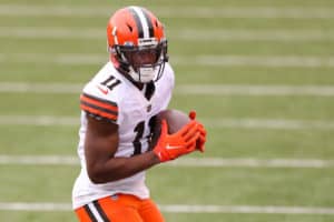 Cleveland Browns wide receiver Donovan Peoples-Jones (11) carries the ball during the game against the Cleveland Browns and the Cincinnati Bengals on October 25, 2020, at Paul Brown Stadium in Cincinnati, OH.