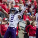 Northwestern Wildcats defensive back Greg Newsome II (2) celebrates a pass breakup durning a college football game between the Northwestern Wildcats and the Wisconsin Badgers on September 28, 2019, at Camp Randall Stadium in Madison, WI.