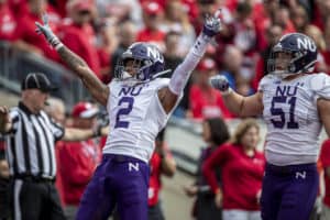 Northwestern Wildcats defensive back Greg Newsome II (2) celebrates a pass breakup durning a college football game between the Northwestern Wildcats and the Wisconsin Badgers on September 28, 2019, at Camp Randall Stadium in Madison, WI.