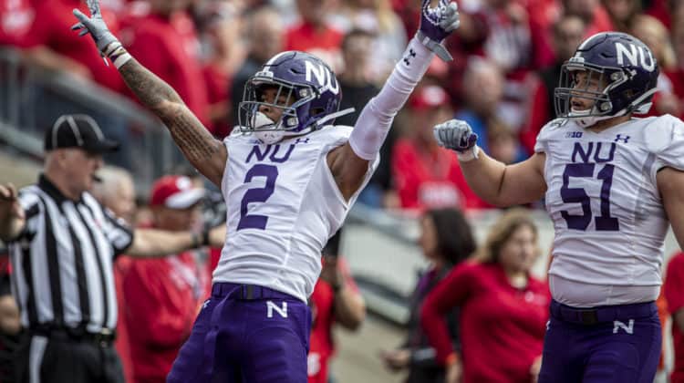 Northwestern Wildcats defensive back Greg Newsome II (2) celebrates a pass breakup durning a college football game between the Northwestern Wildcats and the Wisconsin Badgers on September 28, 2019, at Camp Randall Stadium in Madison, WI.