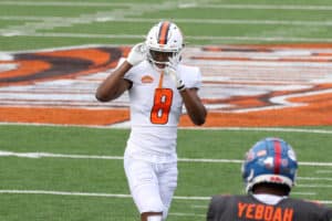 American defensive back Ifeatu Melifonwu of Syracuse (8) during the 2021 Reese's Senior Bowl on January 30, 2021 at Hancock Whitney Stadium in Mobile, Alabama.