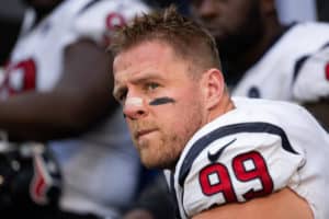 Houston Texans defensive end J.J. Watt (99) on the sidelines during the NFL game between the Houston Texans and the Indianapolis Colts on October 20, 2019 at Lucas Oil Stadium, in Indianapolis, IN.