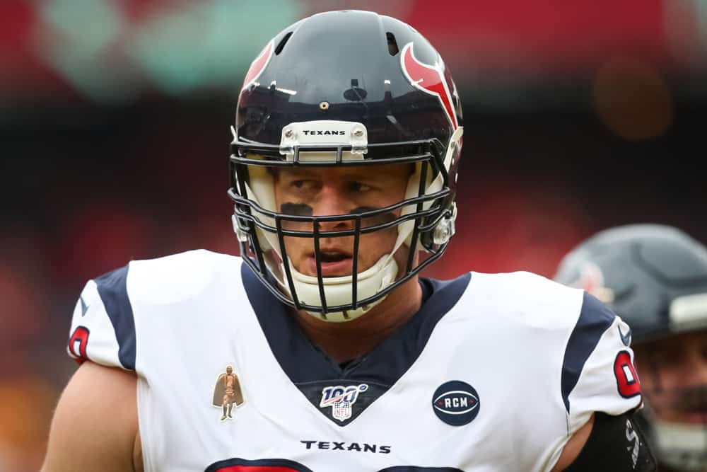 Houston Texans defensive end J.J. Watt (99) before an NFL Divisional round playoff game between the Houston Texans and Kansas City Chiefs on January 12, 2020 at Arrowhead Stadium in Kansas City, MO. 