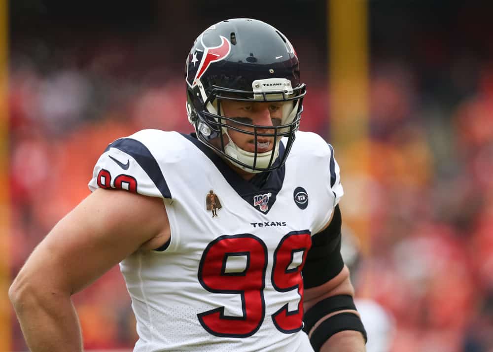 Houston Texans defensive end J.J. Watt (99) before an NFL Divisional round playoff game between the Houston Texans and Kansas City Chiefs on January 12, 2020 at Arrowhead Stadium in Kansas City, MO. 