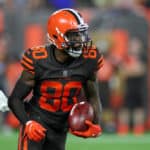 Cleveland Browns wide receiver Jarvis Landry (80) returns a punt during the third quarter of the National Football League game between the New York Jets and Cleveland Browns on September 20, 2018, at FirstEnergy Stadium in Cleveland, OH. Cleveland defeated New York 21-17.