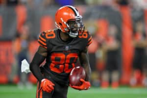 Cleveland Browns wide receiver Jarvis Landry (80) returns a punt during the third quarter of the National Football League game between the New York Jets and Cleveland Browns on September 20, 2018, at FirstEnergy Stadium in Cleveland, OH. Cleveland defeated New York 21-17.