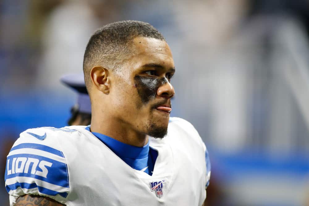 Detroit Lions wide receiver Kenny Golladay (19) walks off of the field at the conclusion of a regular season game between the Dallas Cowboys and the Detroit Lions on November 17, 2019 at Ford Field in Detroit, Michigan.