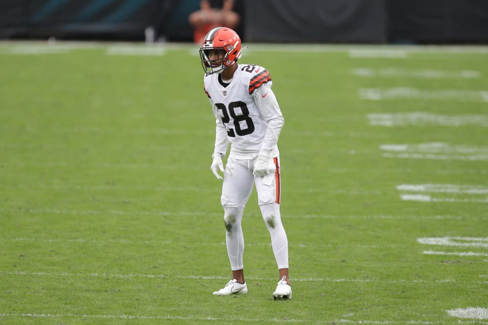 Cleveland Browns Cornerback Kevin Johnson (28) during the game between the Cleveland Browns and the Jacksonville Jaguars on November 29, 2020 at TIAA Bank Field in Jacksonville, Fl.