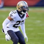 New Orleans Saints cornerback Marshon Lattimore (23) looks on in action during a game between the Chicago Bears and the New Orleans Saints on November 01, 2020 at Soldier Stadium, in Chicago, IL.
