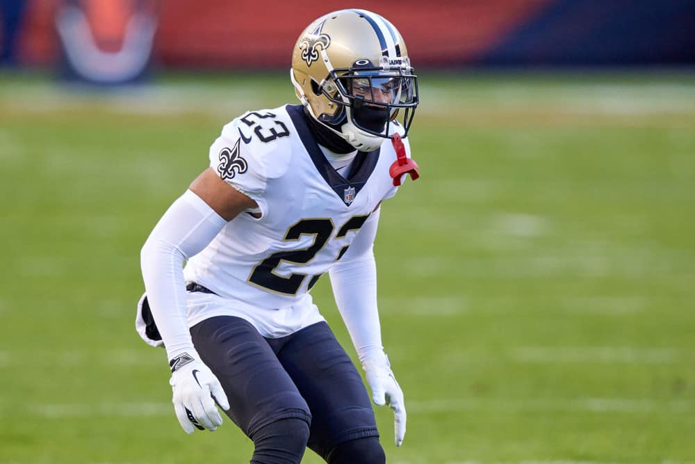 New Orleans Saints cornerback Marshon Lattimore (23) looks on in action during a game between the Chicago Bears and the New Orleans Saints on November 01, 2020 at Soldier Stadium, in Chicago, IL. 