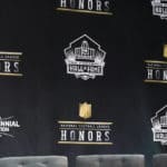 A general view of the Pro Football Hall of Fame logo and NFL Honors logo during the Hall of Fame Press conference during the NFL Honors on February 1, 2020 at the Adrienne Arsht Center in Miami, FL.