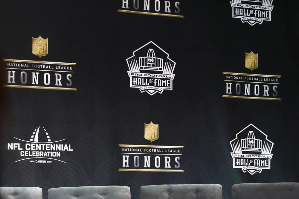 A general view of the Pro Football Hall of Fame logo and NFL Honors logo during the Hall of Fame Press conference during the NFL Honors on February 1, 2020 at the Adrienne Arsht Center in Miami, FL. 