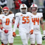American linebacker Grant Stuard of Houston (0), American defensive lineman Quincy Roche of Miami (55) and American linebacker Riley Cole of South Alabama (44) during the 2021 Reese's Senior Bowl on January 30, 2021 at Hancock Whitney Stadium in Mobile, Alabama.