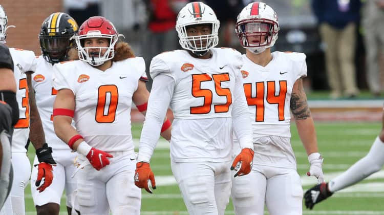 American linebacker Grant Stuard of Houston (0), American defensive lineman Quincy Roche of Miami (55) and American linebacker Riley Cole of South Alabama (44) during the 2021 Reese's Senior Bowl on January 30, 2021 at Hancock Whitney Stadium in Mobile, Alabama.