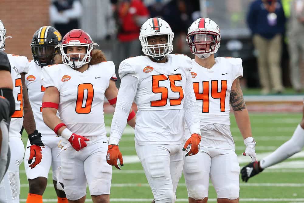 American linebacker Grant Stuard of Houston (0), American defensive lineman Quincy Roche of Miami (55) and American linebacker Riley Cole of South Alabama (44) during the 2021 Reese's Senior Bowl on January 30, 2021 at Hancock Whitney Stadium in Mobile, Alabama.