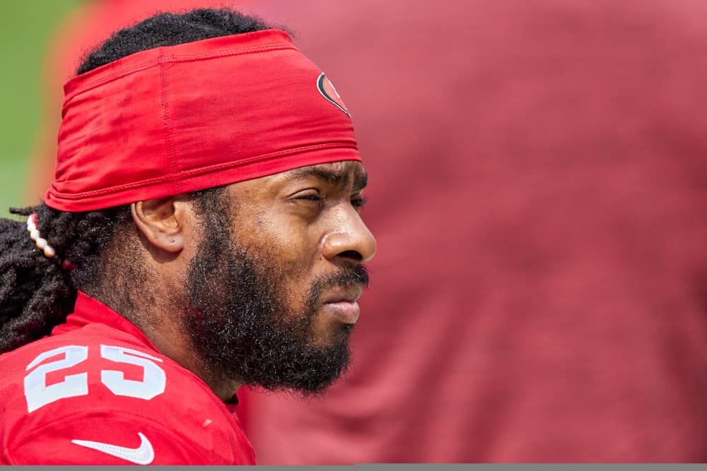 San Francisco 49ers cornerback Richard Sherman (25) looks on during the NFL game between the San Francisco 49ers and the Arizona Cardinals on September 13, 2020, at Levi's Stadium in Santa Clara, California.