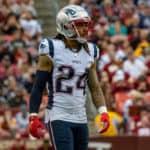 New England Patriots cornerback Stephon Gilmore (24) in action during the National Football League game between the Washington Redskins and New England Patriots on October 6, 2019 at FedEx Field in Landover, MD