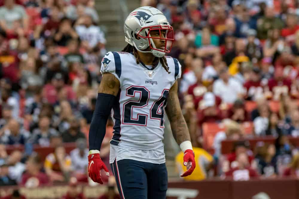 New England Patriots cornerback Stephon Gilmore (24) in action during the National Football League game between the Washington Redskins and New England Patriots on October 6, 2019 at FedEx Field in Landover, MD