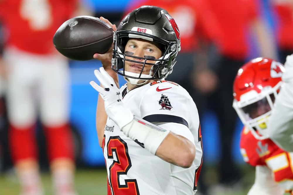 Tom Brady (12) of the Buccaneers throws a pass during the Super Bowl LV game between the Kansas City Chiefs and the Tampa Bay Buccaneers on February 7, 2021 at Raymond James Stadium, in Tampa, FL.