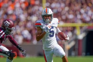 Auburn Tigers wide receiver Anthony Schwartz (5) runs the ball during the game between the Auburn Tigers and the Texas A&M Aggies on September 21, 2019 at Kyle Field in College Station, Texas.