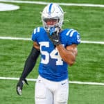 Indianapolis Colts middle linebacker Anthony Walker (54) looks on in action during a NFL game between the Indianapolis Colts and the Baltimore Ravens on November 08, 2020 at Lucas Oil Stadium in Indianapolis, IN.