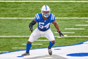 Indianapolis Colts middle linebacker Anthony Walker (54) in action during a NFL game between the Indianapolis Colts and the Baltimore Ravens on November 08, 2020 at Lucas Oil Stadium in Indianapolis, IN.