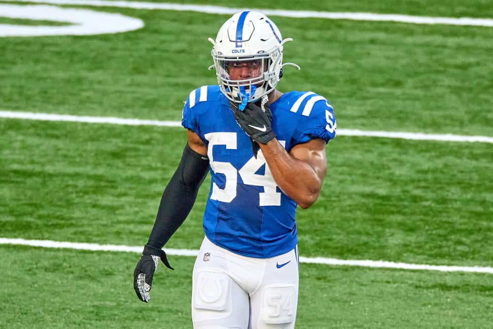 Indianapolis Colts middle linebacker Anthony Walker (54) looks on in action during a NFL game between the Indianapolis Colts and the Baltimore Ravens on November 08, 2020 at Lucas Oil Stadium in Indianapolis, IN.