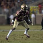 Florida State Seminoles defensive back Asante Samuel Jr. (26) gets into position during the game between the Florida State Seminoles and the Samford Bulldogs at Doak Campbell Stadium in Tallahassee, Florida on September 8th, 2018.