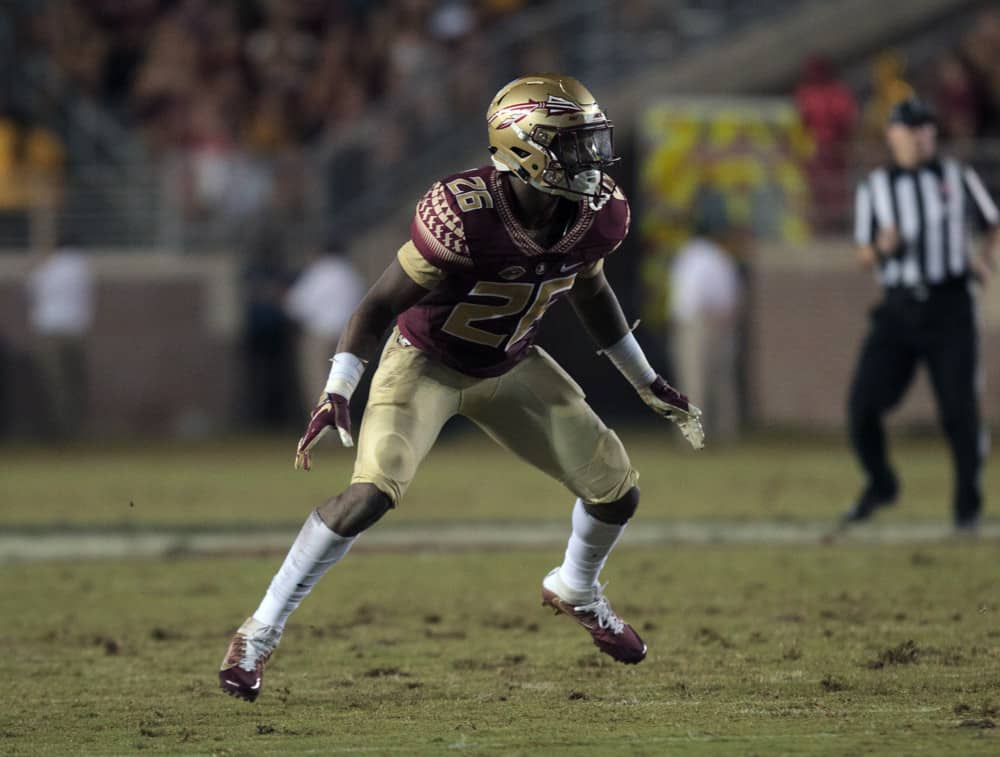 Florida State Seminoles defensive back Asante Samuel Jr. (26) gets into position during the game between the Florida State Seminoles and the Samford Bulldogs at Doak Campbell Stadium in Tallahassee, Florida on September 8th, 2018.