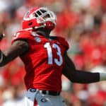 Georgia Bulldogs linebacker Azeez Ojulari (13) reacts after a sack in the first half of the Murray State Racers v Georgia Bulldogs game on September 7, 2019 at Sanford Stadium in Athens, GA.