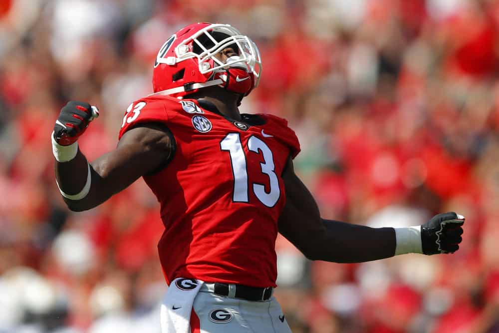 Georgia Bulldogs linebacker Azeez Ojulari (13) reacts after a sack in the first half of the Murray State Racers v Georgia Bulldogs game on September 7, 2019 at Sanford Stadium in Athens, GA.