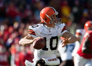 Cleveland Browns quarterback Brady Quinn (10) prepares to throw during the Browns 41-34 win over the Kansas City Chiefs at Arrowhead Stadium in Kansas City, Missouri.