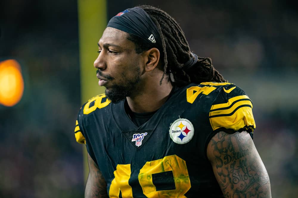 Pittsburgh Steelers outside linebacker Bud Dupree (48) looks on during the NFL football game between the Buffalo Bills and the Pittsburgh Steelers on December 15, 2019 at Heinz Field in Pittsburgh, PA.