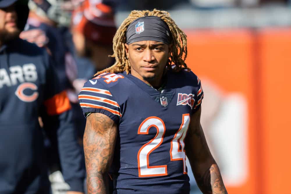 Chicago Bears Cornerback Buster Skrine (24) warms up prior to an NFL football game between the New York Giants and the Chicago Bears on November 24, 2019, at Soldier Field in Chicago, IL.