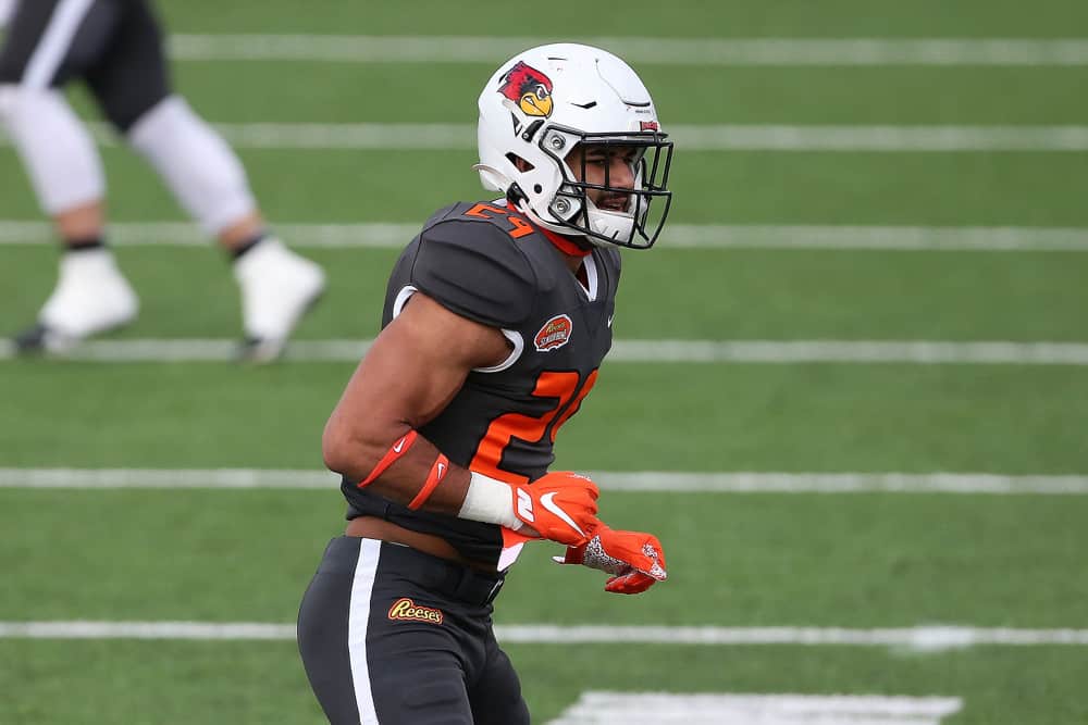 National defensive back Christian Uphoff of Illinois State (29) during warmups for the 2021 Reese's Senior Bowl on January 30, 2021 at Hancock Whitney Stadium in Mobile, Alabama.