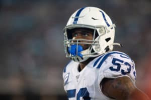 Indianapolis Colts Linebacker Darius Leonard (53) looks on during the game between the Indianapolis Colts and the Jacksonville Jaguars on December 29, 2019 at TIAA Bank Field in Jacksonville, Fl.