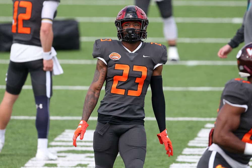 National defensive back Darren Hall of San Diego State (23) during warmups for the 2021 Reese's Senior Bowl on January 30, 2021 at Hancock Whitney Stadium in Mobile, Alabama.