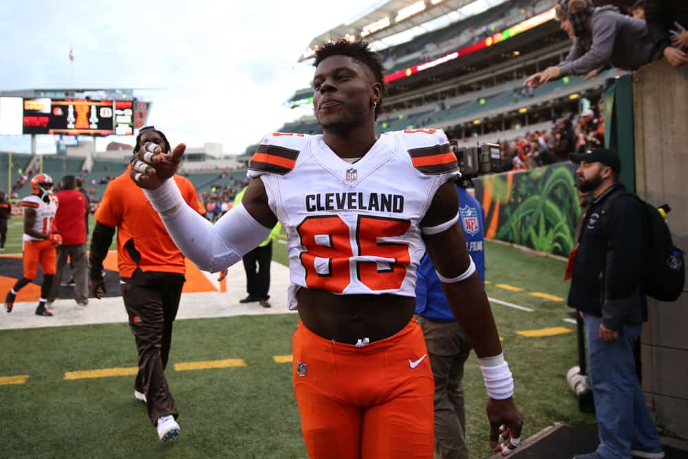 Cleveland Browns tight end David Njoku (85) after the game against the Cleveland Browns and the Cincinnati Bengals on November 25th 2018, at Paul Brown Stadium in Cincinnati, OH.