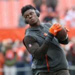 Cleveland Browns tight end David Njoku (85) on the field prior to the National Football League game between the Cincinnati Bengals and Cleveland Browns on December 23, 2018, at FirstEnergy Stadium in Cleveland, OH.