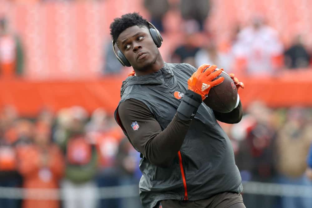 Cleveland Browns tight end David Njoku (85) on the field prior to the National Football League game between the Cincinnati Bengals and Cleveland Browns on December 23, 2018, at FirstEnergy Stadium in Cleveland, OH. 