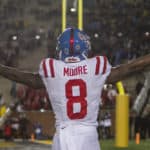 Ole Miss Rebels wide receiver Elijah Moore (8) celebrates after catching a pass for a touchdown during the game between the Ole Miss Rebels and the Missouri Tigers on Saturday October 12, 2019 at Memorial Stadium in Columbia, MO.